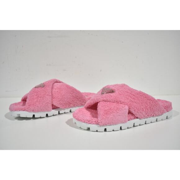 Prada Terry Pink Triangle Logo Criss Cross Strap Slide Sandal Flip Flop 40.5 - Picture 10 of 12